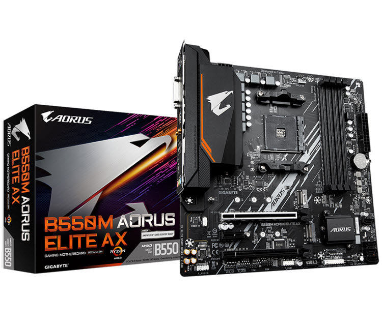 Milwaukee PC - GIGABYTE B550M AORUS Elite AX - MATX, AM4, B550, 4xDDR4, 2xM.2, 4xSATA, GbE, Wi-Fi 6E, BT5.3, DVI-D, HDMI  