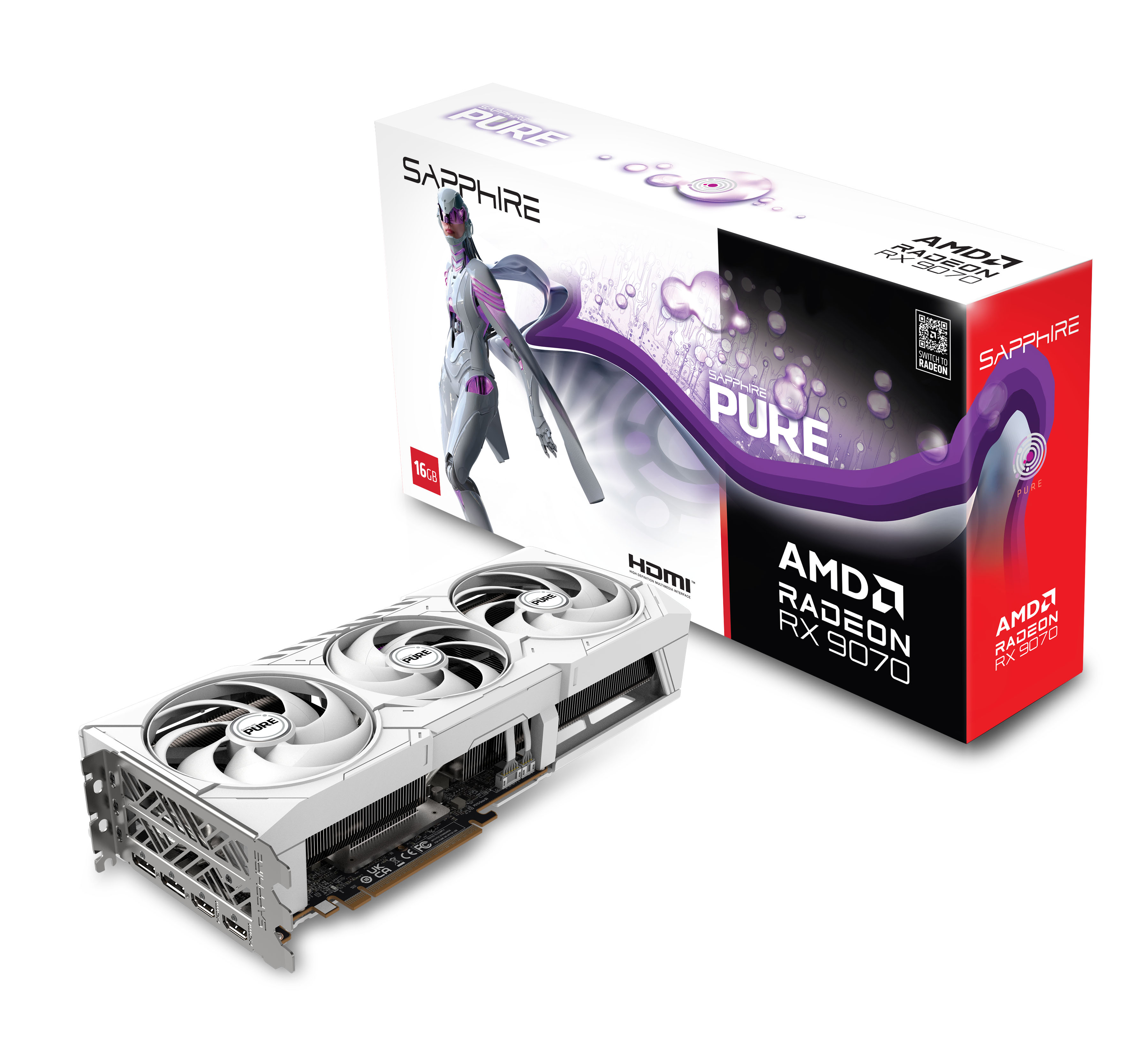 Milwaukee PC - Sapphire PURE AMD Radeon RX 9070 16GB (White) -  3 Slot, PCIe 5.0, 2xHDMI, 2xDP 2.1a