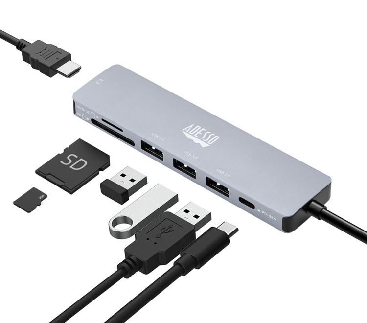 Milwaukee PC - Adesso CyberHub-4025 7 in 1 Docking Station, Supports USB C to x1 4K HDMI, 3x USB-A 3.2, 1x PD, 1x Micro SD, 1x SD Card